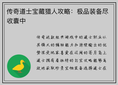 传奇道士宝藏猎人攻略：极品装备尽收囊中